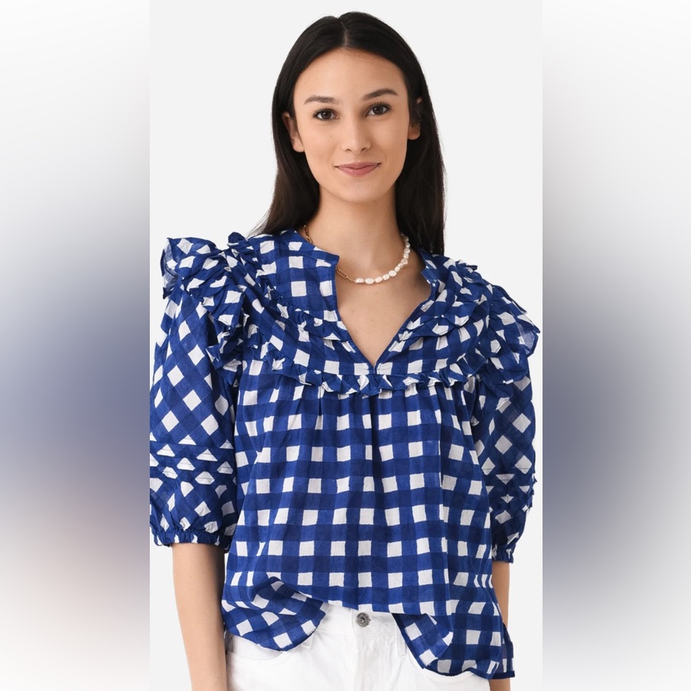 Cleobella Navy Checkered Ruffle Blouse